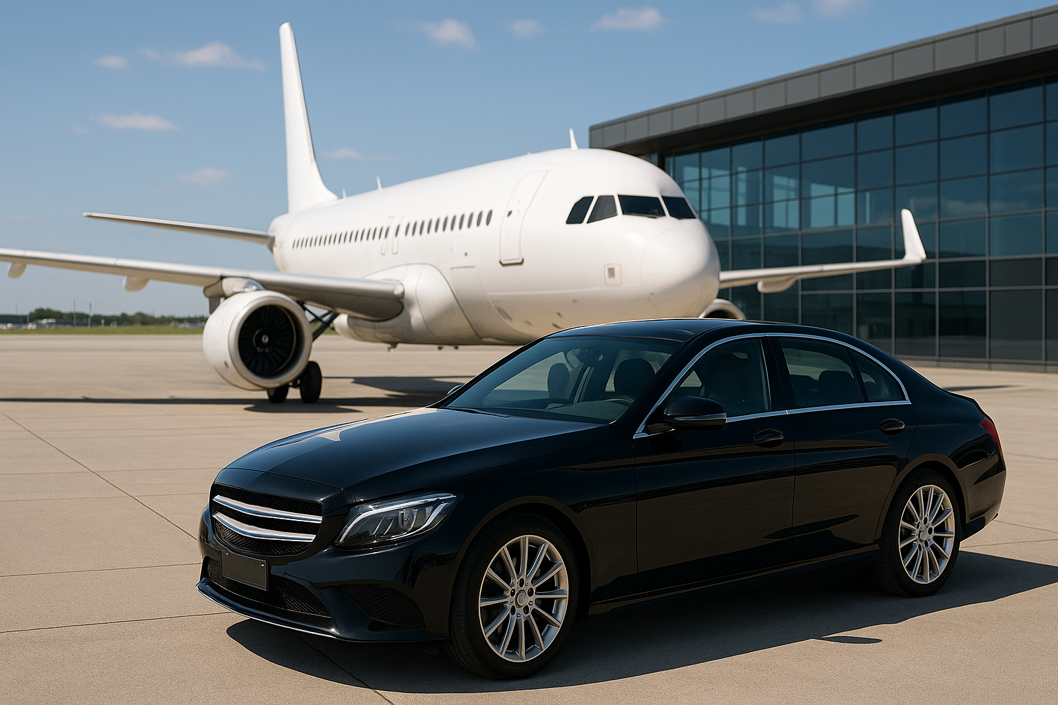 A luxury vehicle parked in front of a small passenger jet.